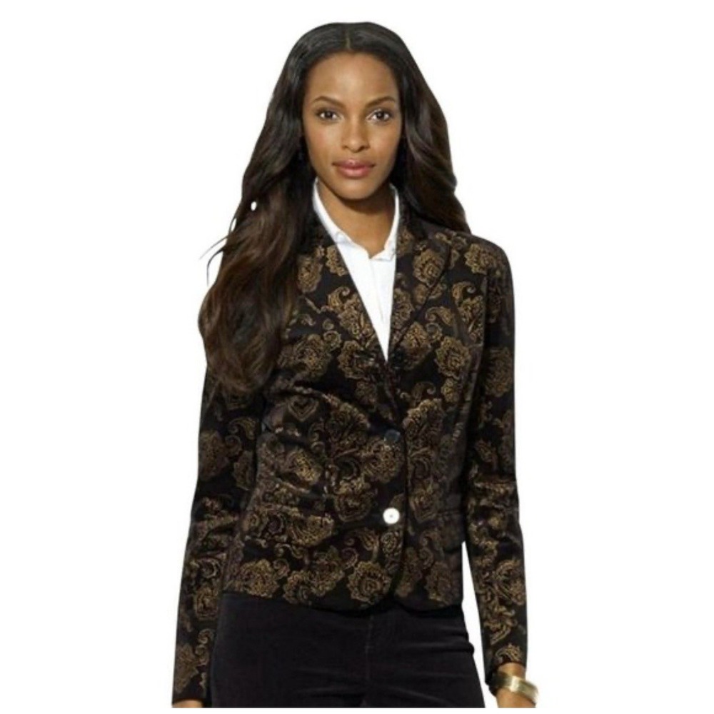 Lauren Ralph‎ Lauren Womens Blazer 10 Black Velvet Gold Floral Paisley Luxury - Picture 2 of 7